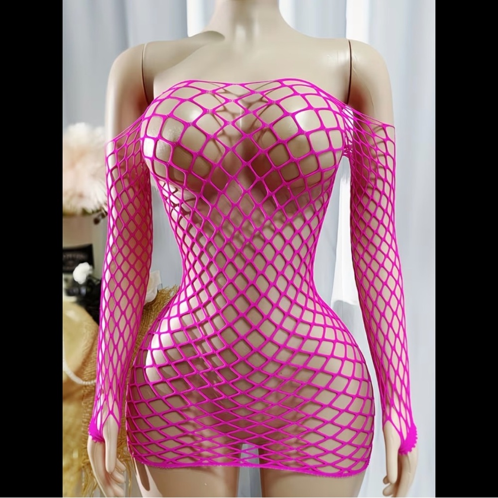 Neon Pink, Fishnet, Off-The-Shoulder, Lingerie Slip